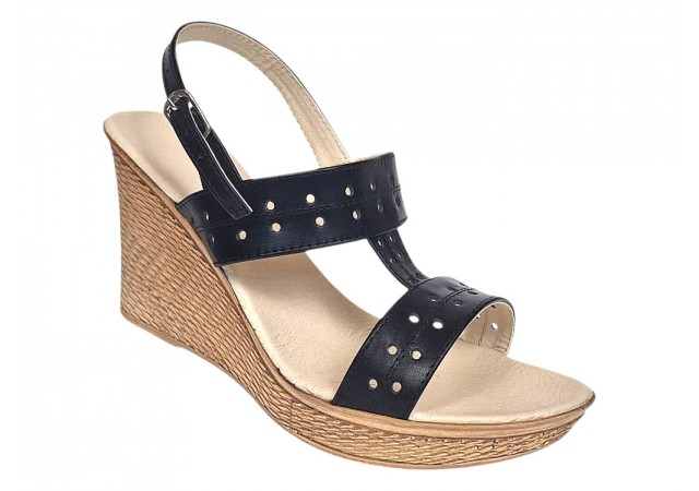 Sandale dama negre din piele naturala perforata cu toc pana S46NBOX